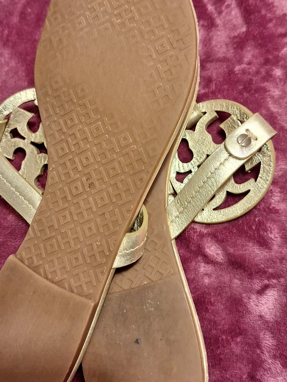 Tory Burch Metallic Gold Leather Logo Thong Sandals